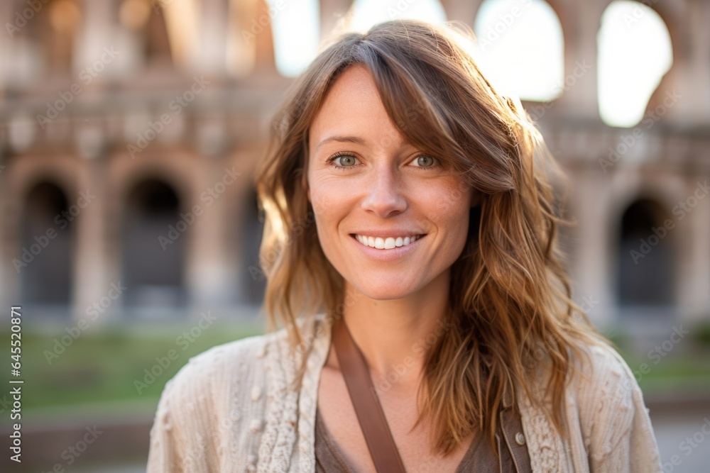 Headshot portrait photography of a pleased woman in her 30s that is wearing a chic cardigan against the Colosseum in Rome Italy