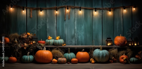 Harvest of different types raw pumpkins. Pumpkin, lights and flowers on rustic blue wooden background. Thanksgiving day or Halloween festive concept. Beautiful holiday autumn banner with copy space