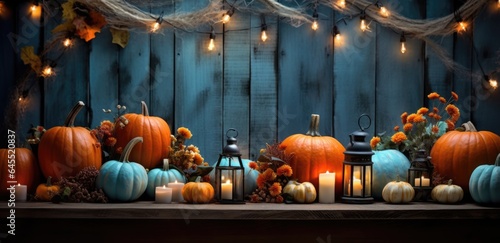 Harvest of different types raw pumpkins. Pumpkin, lights and flowers on rustic blue wooden background. Thanksgiving day or Halloween festive concept. Beautiful holiday autumn banner with copy space