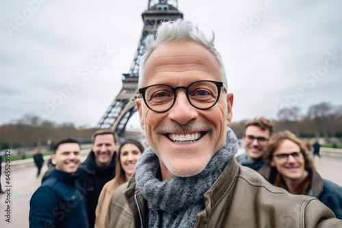 Group portrait photography of a grinning man in his 50s that is smiling with friends against the Eiffel Tower in Paris France