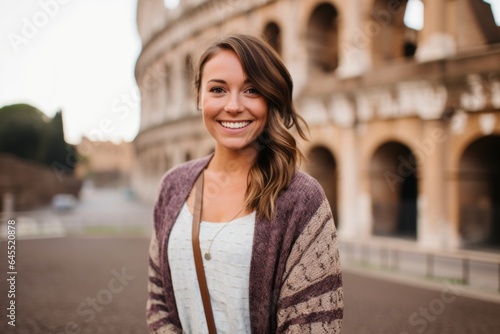 Headshot portrait photography of a pleased woman in her 30s that is wearing a chic cardigan against the Colosseum in Rome Italy