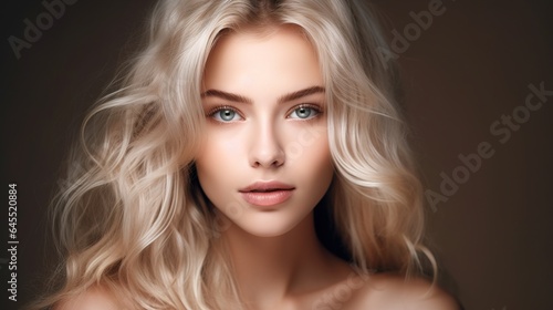 beautiful young woman with clean fresh skin. Model with healthy skin, close up portrait. Cosmetology, beauty and spa. Fashionable skin highlighter, sensual lip gloss makeup.