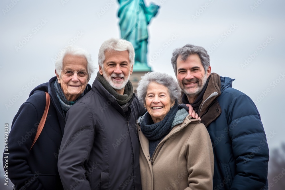 Group portrait photography of a pleased man in his 70s that is with the family in front of the Statue of Liberty in New York USA Group portrait photography of a pleased man in his 70s that is with the family in front of the Statue of Liberty in New York USA