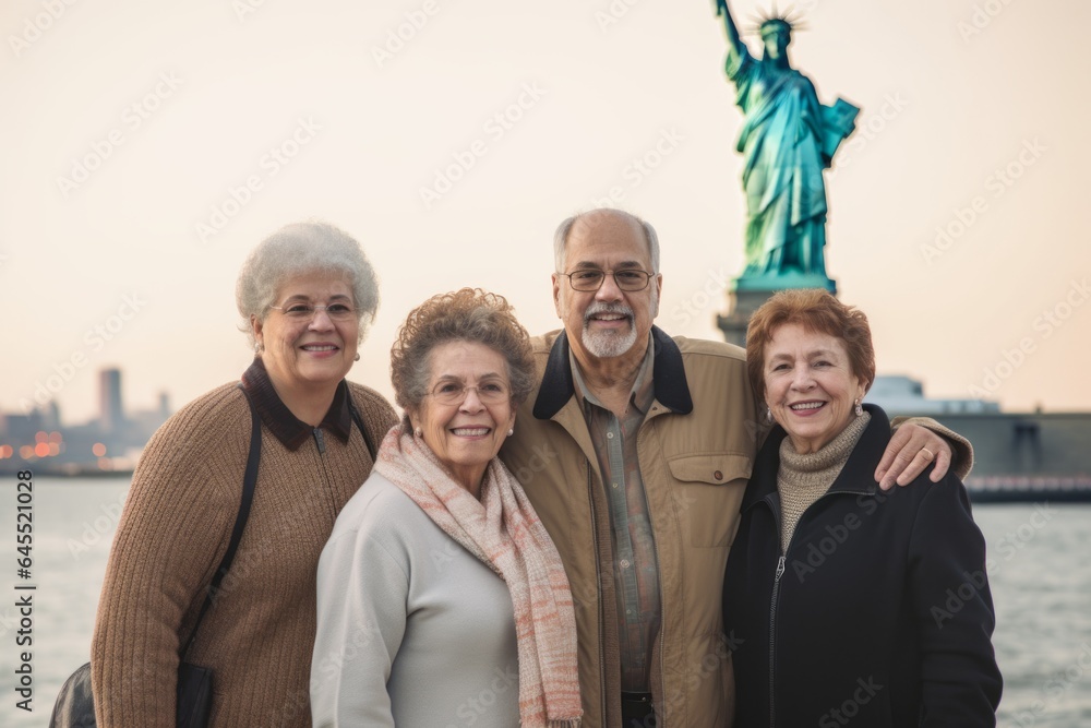 Lifestyle portrait photography of a pleased man in his 70s that is with the family in front of the Statue of Liberty in New York USA Lifestyle portrait photography of a pleased man in his 70s that is with the family in front of the Statue of Liberty in New York USA
