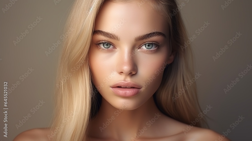 Lovely young lady with clean, fresh skin. Close-up portrait of a model with good skin. Cosmetology, beauty, and spa services. generative ai - obrazy, fototapety, plakaty 