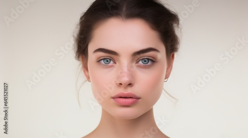 Beautiful woman with flawless skin and a white background. generative ai