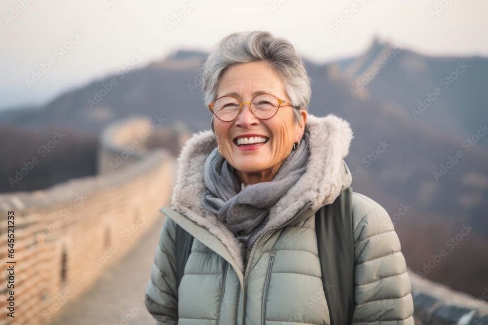 Lifestyle portrait photography of a pleased woman in her 60s that is wearing a warm parka at the Great Wall of China in Beijing China Lifestyle portrait photography of a pleased woman in her 60s that is wearing a warm parka at the Great Wall of China in Beijing China