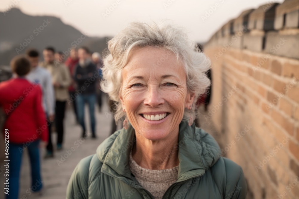 Headshot portrait photography of a cheerful woman in her 60s that is with the family at the Great Wall of China in Beijing China Headshot portrait photography of a cheerful woman in her 60s that is with the family at the Great Wall of China in Beijing China