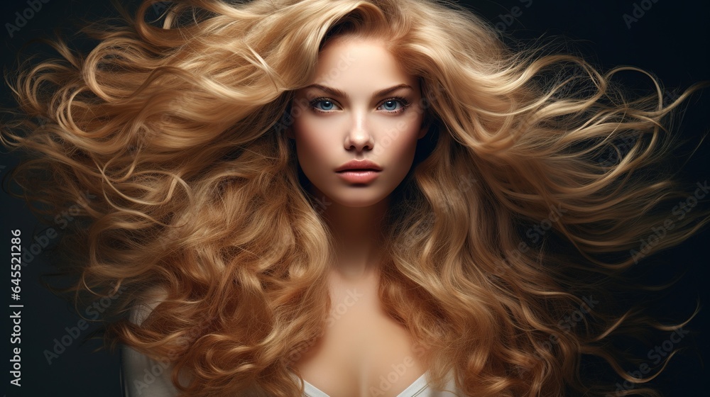 Blond woman with long curly beautiful hair. generative ai Blond woman with long curly beautiful hair. generative ai