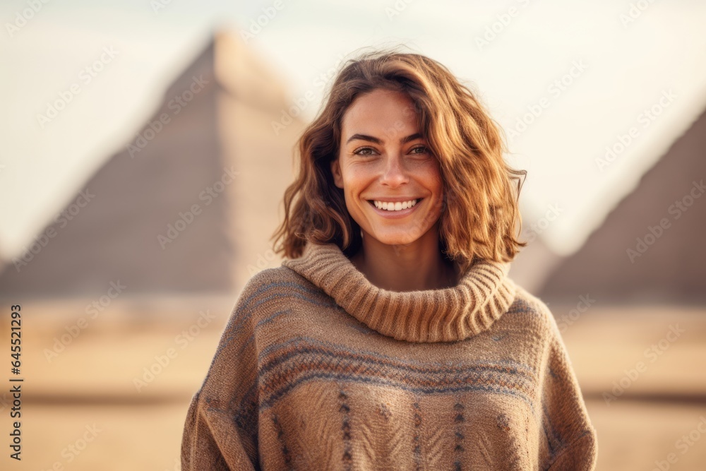 Group portrait photography of a pleased woman in her 30s that is wearing a cozy sweater in front of the Pyramids of Giza in Cairo Egypt