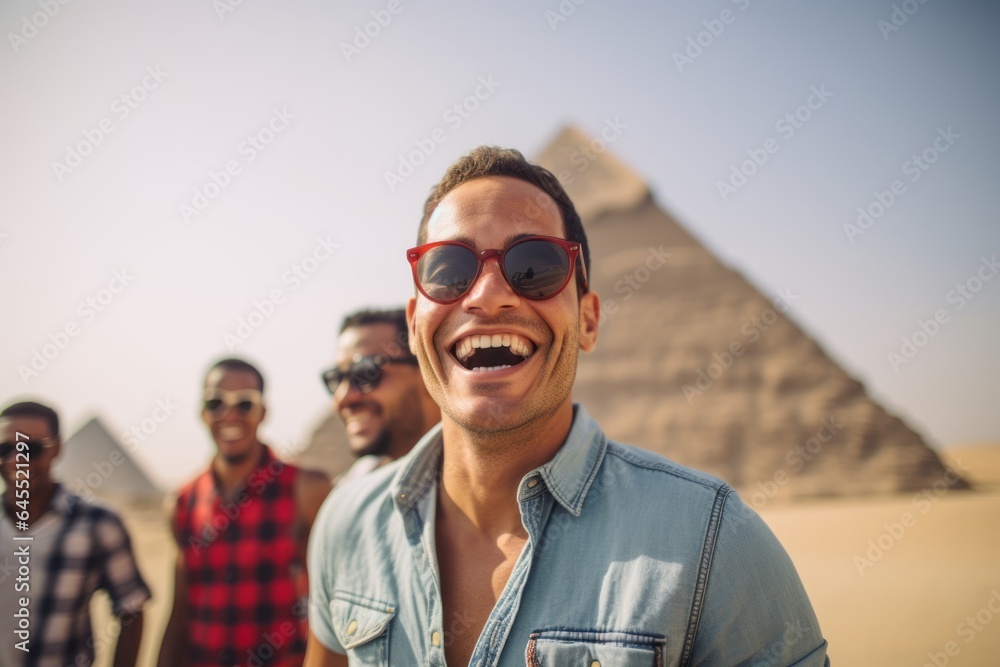 Lifestyle portrait photography of a satisfied man in his 30s that is smiling with friends in front of the Pyramids of Giza in Cairo Egypt Lifestyle portrait photography of a satisfied man in his 30s that is smiling with friends in front of the Pyramids of Giza in Cairo Egypt