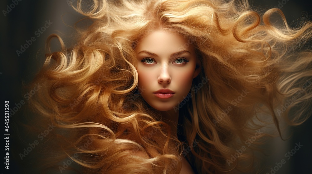 Fototapeta premium Blond woman with long curly beautiful hair. generative ai