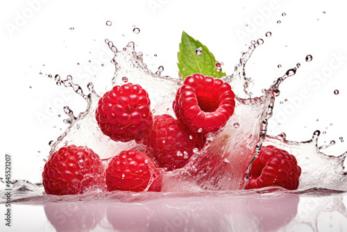 Splashing raspberries on white background