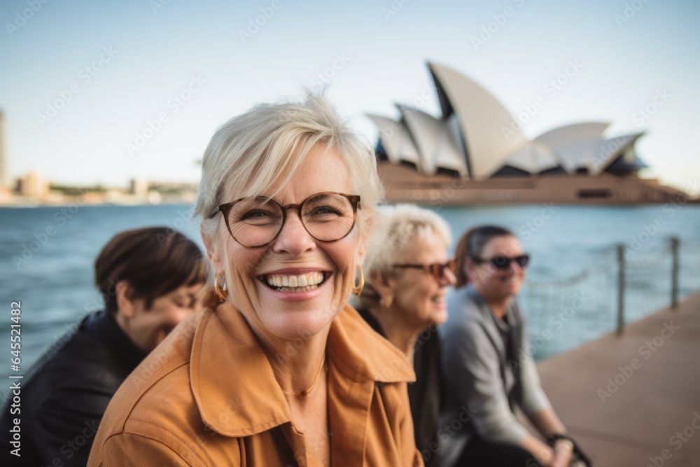 Obraz premium Group portrait photography of a satisfied woman in her 50s that is smiling with friends at the Sydney Opera House in Sydney Australia