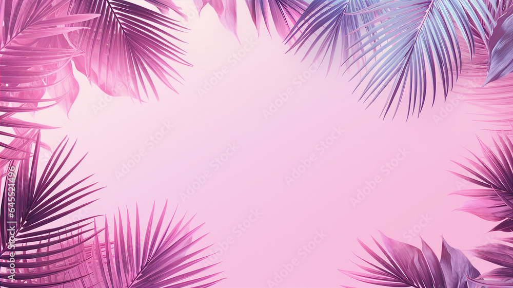 Tropic palm leaves, pink summer vibrant background Tropic palm leaves, pink summer vibrant background