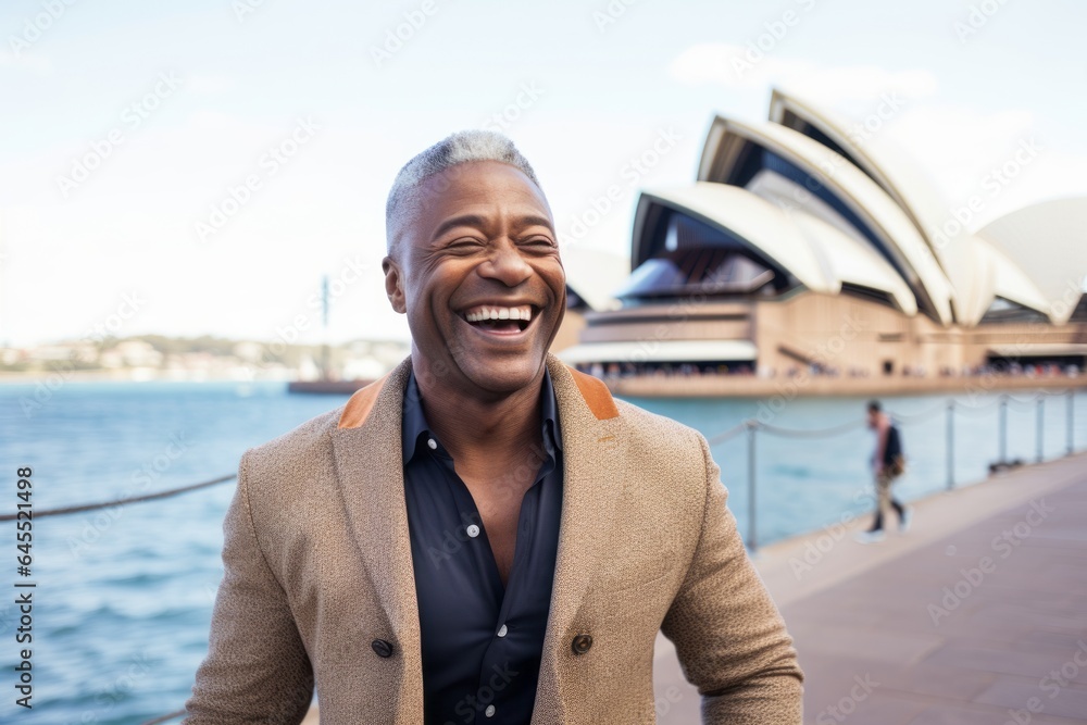 Lifestyle portrait photography of a cheerful man in his 50s that is smiling with friends at the Sydney Opera House in Sydney Australia