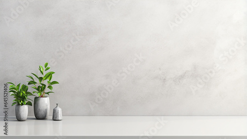 Empty room with gray wall and table, kitchen interior, light background for product presentation © Artyom