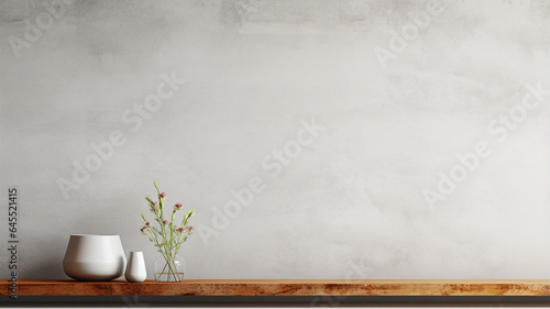 Empty room with gray wall and table, kitchen interior, light background for product presentation