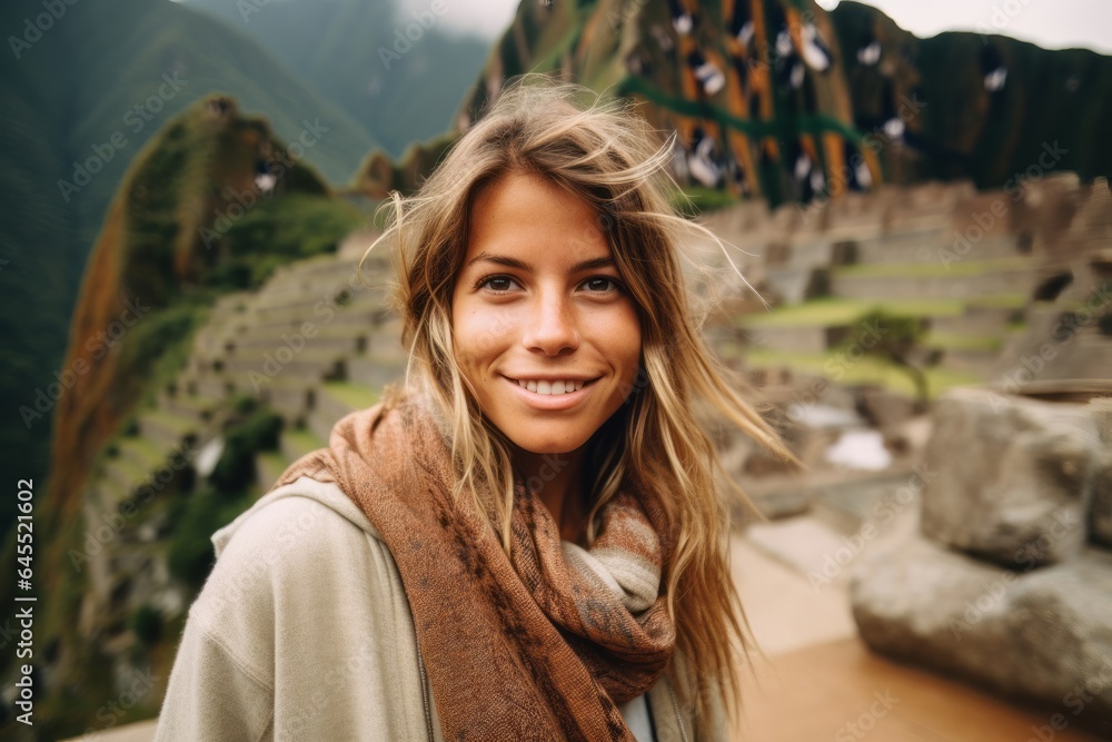 Close-up portrait photography of a satisfied woman in her 30s that is wearing a chic cardigan at the Machu Picchu in Cusco Peru Close-up portrait photography of a satisfied woman in her 30s that is wearing a chic cardigan at the Machu Picchu in Cusco Peru