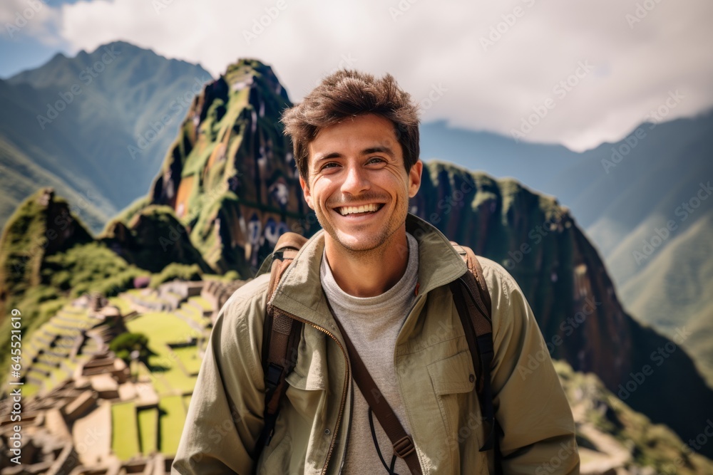 Lifestyle portrait photography of a grinning man in his 30s that is with the family at the Machu Picchu in Cusco Peru