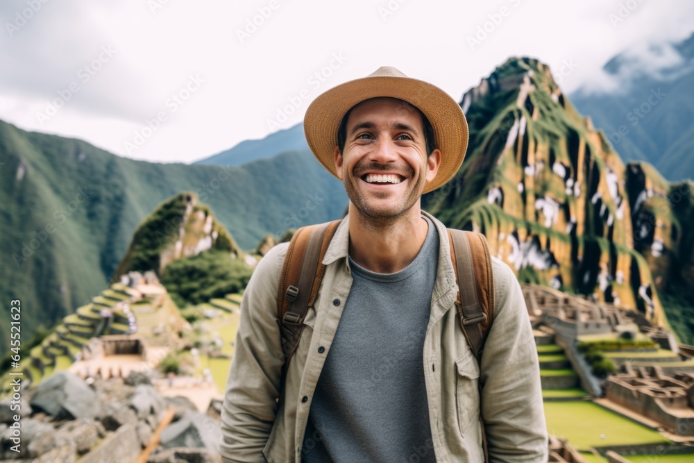 Naklejka premium Lifestyle portrait photography of a grinning man in his 30s that is with the family at the Machu Picchu in Cusco Peru