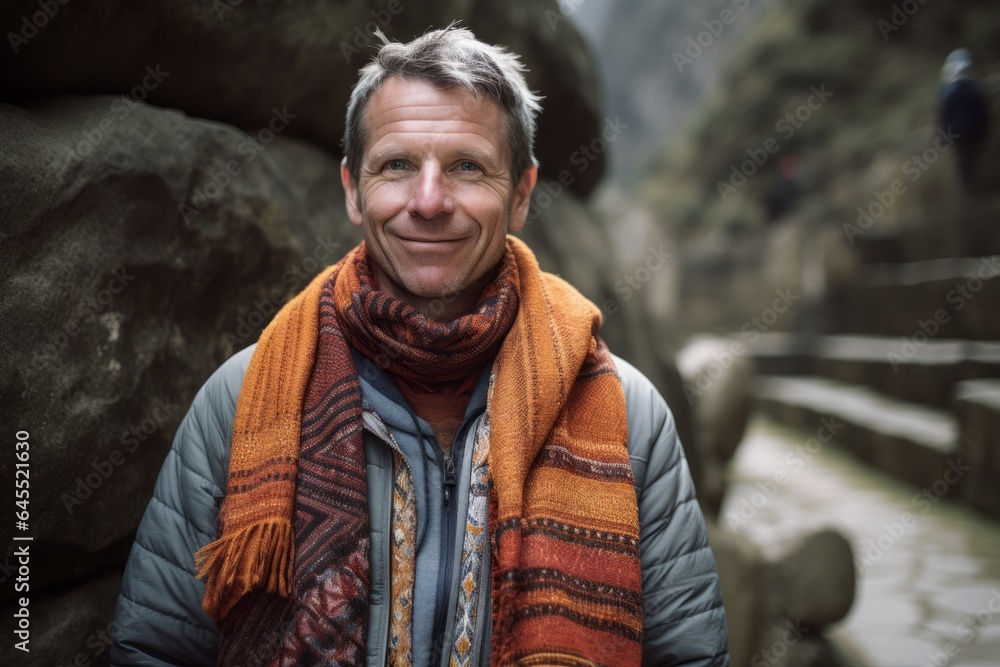 Lifestyle portrait photography of a pleased man in his 40s that is wearing a charming scarf at the Machu Picchu in Cusco Peru Lifestyle portrait photography of a pleased man in his 40s that is wearing a charming scarf at the Machu Picchu in Cusco Peru