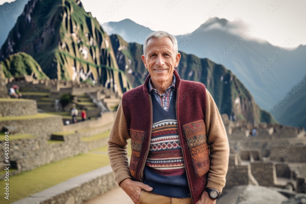 Group portrait photography of a satisfied man in his 50s that is wearing a chic cardigan at the Machu Picchu in Cusco Peru