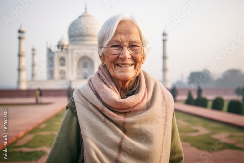 Group portrait photography of a pleased woman in her 70s that is wearing a cozy sweater in front of the Taj Mahal in Agra India
