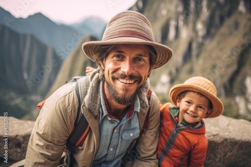 Lifestyle portrait photography of a grinning man in his 30s that is with the family at the Machu Picchu in Cusco Peru
