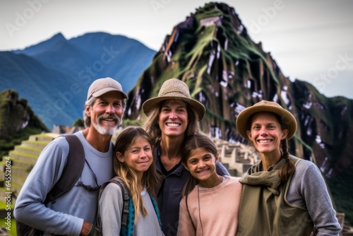 Group portrait photography of a pleased woman in her 40s that is with the family at the Machu Picchu in Cusco Peru