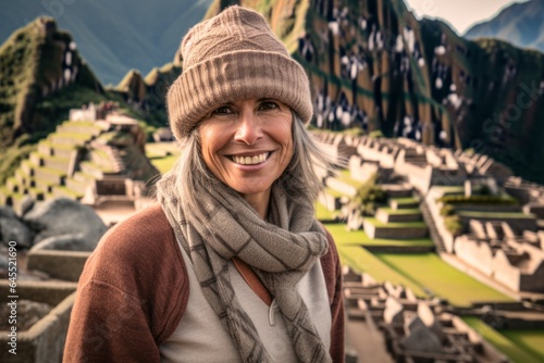 Lifestyle portrait photography of a pleased woman in her 50s that is wearing a warm beanie or knit hat at the Machu Picchu in Cusco Peru