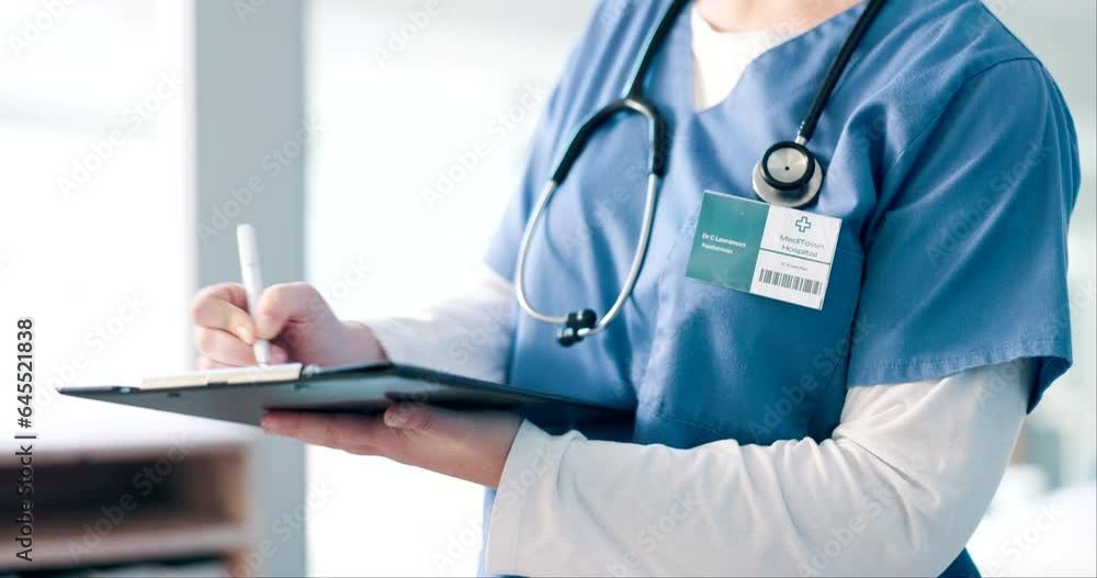 Hands, writing and woman doctor with clipboard in a hospital with insurance, documents and compliance closeup. Healthcare, zoom and female nurse with paperwork for schedule, checklist or appointment Hands, writing and woman doctor with clipboard in a hospital with insurance, documents and compliance closeup. Healthcare, zoom and female nurse with paperwork for schedule, checklist or appointment
