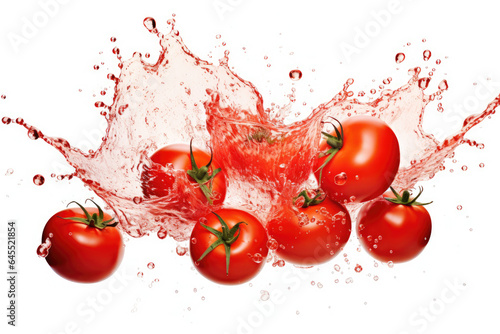 Splashing tomatoes on white background