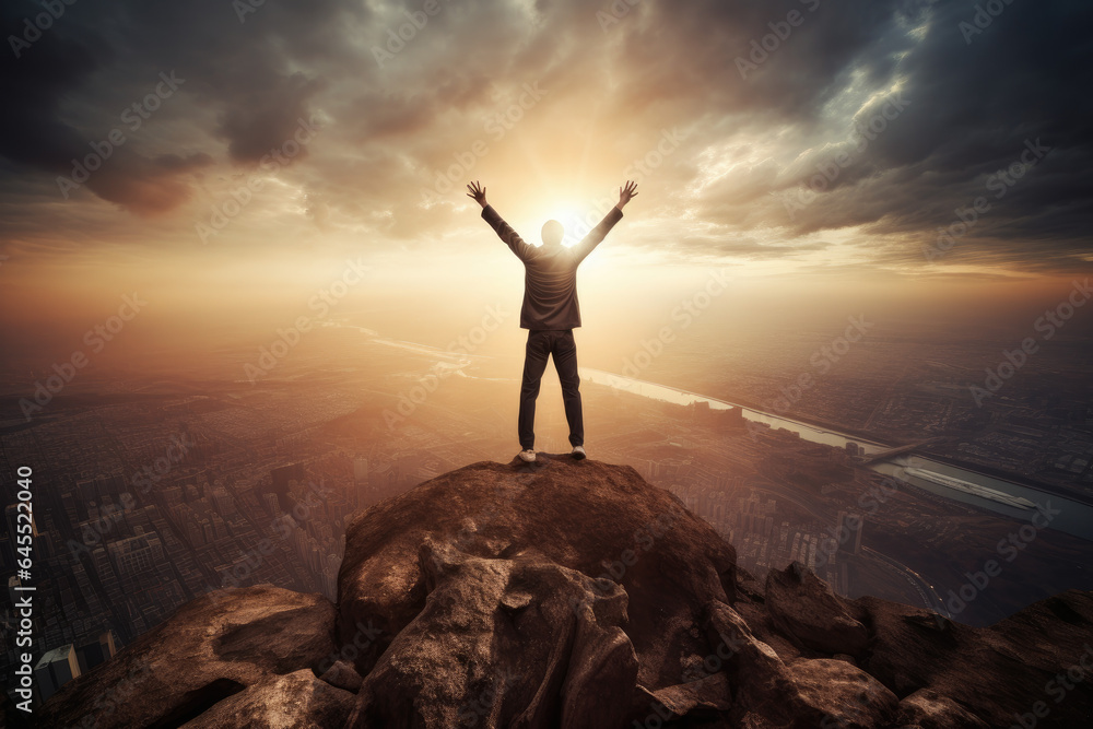 Man on top of mountain, concept of success