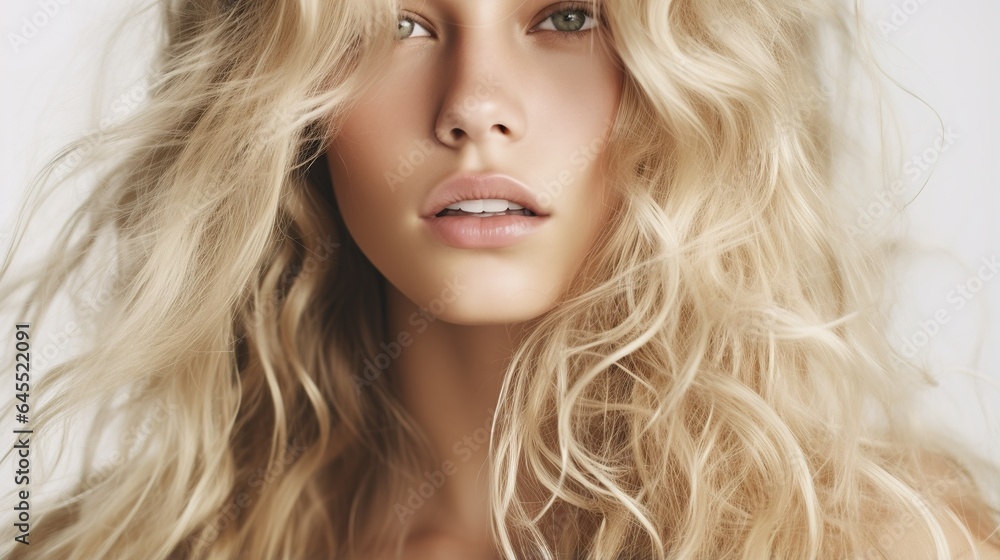 Naklejka premium Beautiful blonde woman with a captivating smile and glamorous makeup in a close-up portrait