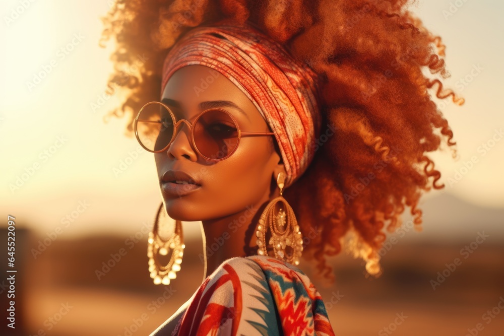 Portrait of beautiful african american woman smiling and looking away. Outdoor portrait of a black lady. Happy cheerful girl with curly red hair. Traditional dress, fashion concept 