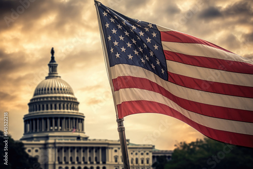 US Flag with the Capitol in the background
