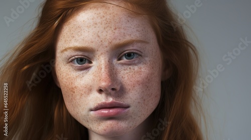 Portrait of an adolescent with healthy skin, eyes, face, and beautician freckles. generative ai