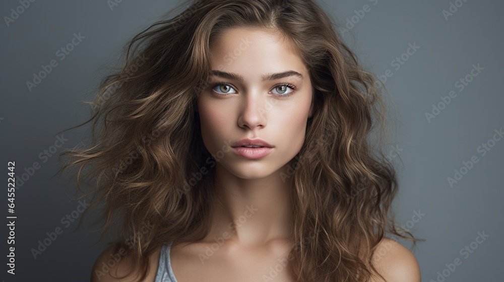 Portrait of a smiling brunette woman with long black hair, radiant skin, and captivating eyes, showcasing her glamour and elegance in a studio close-up shot Portrait of a smiling brunette woman with long black hair, radiant skin, and captivating eyes, showcasing her glamour and elegance in a studio close-up shot