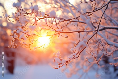 White snow on bare tree branches on a frosty winter day, close-up against a sunset background © InfiniteStudio