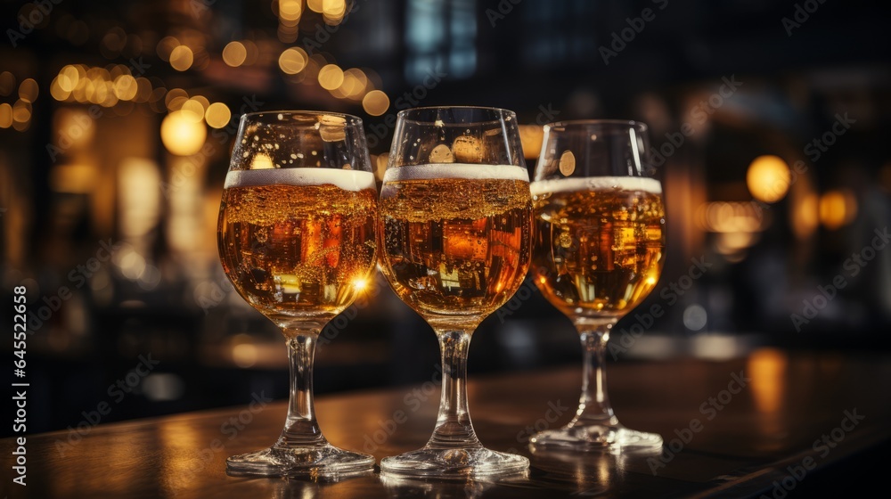 Beers on a table in a restaurant or bar. Generative AI. Beers on a table in a restaurant or bar. Generative AI.