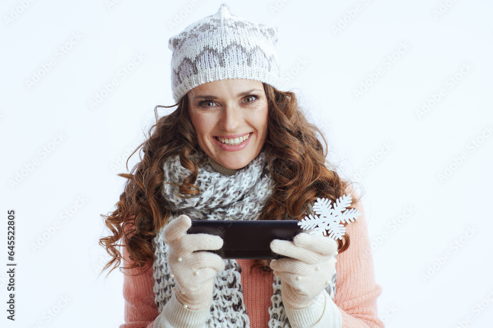 smiling stylish woman using phone smiling stylish woman using phone