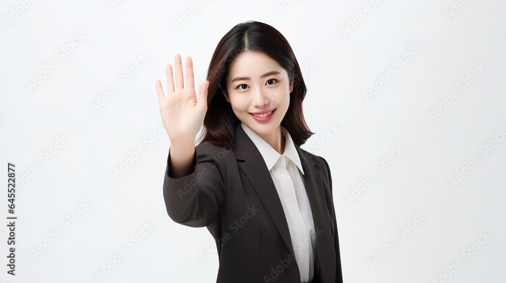business woman with hands up on white background business woman with hands up on white background