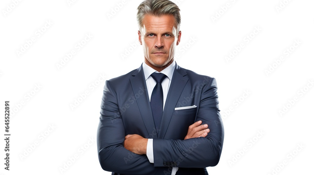 Confident and successful businessman in a smart suit, smiling and standing, exuding professionalism and corporate leadership Confident and successful businessman in a smart suit, smiling and standing, exuding professionalism and corporate leadership