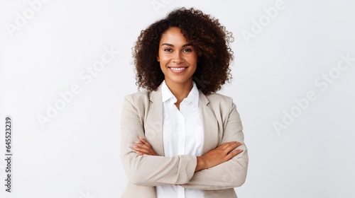 portrait of a woman standing with her arms crossed on a white background