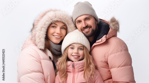 pretty caucasian family in winter clothes hugging together and smiling at camera isolated over white background. generative ai
