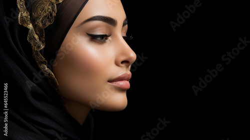 closeup profile portrait of a beautiful Middle eastern woman wearing a head scarf