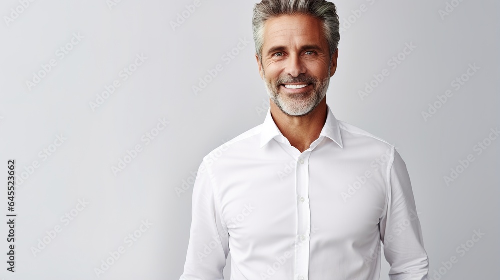 Confident businessman in casual attire smiling and standing, portraying a handsome and serious expression Confident businessman in casual attire smiling and standing, portraying a handsome and serious expression