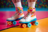 Close up of female legs with roller skates in amusement park