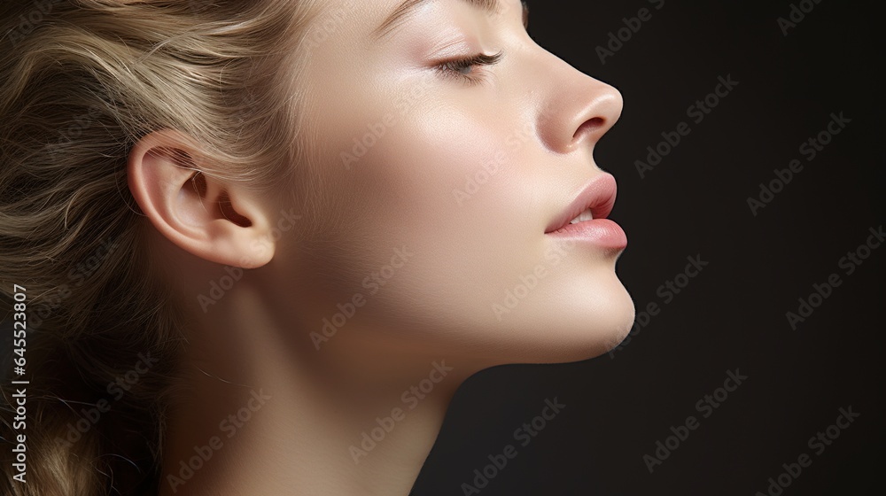 Close-up portrait of a woman with glamorous makeup and stylish hair, showcasing her beauty and elegance Close-up portrait of a woman with glamorous makeup and stylish hair, showcasing her beauty and elegance